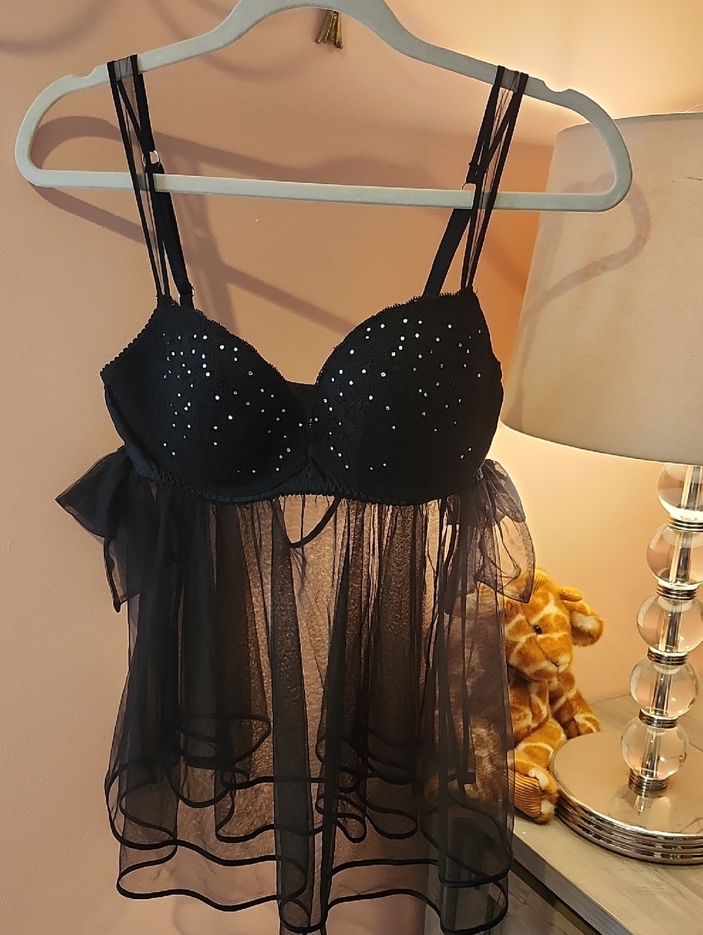 Victoria's Secret Black Sheer Babydoll Lingerie with Rhinestone Cups